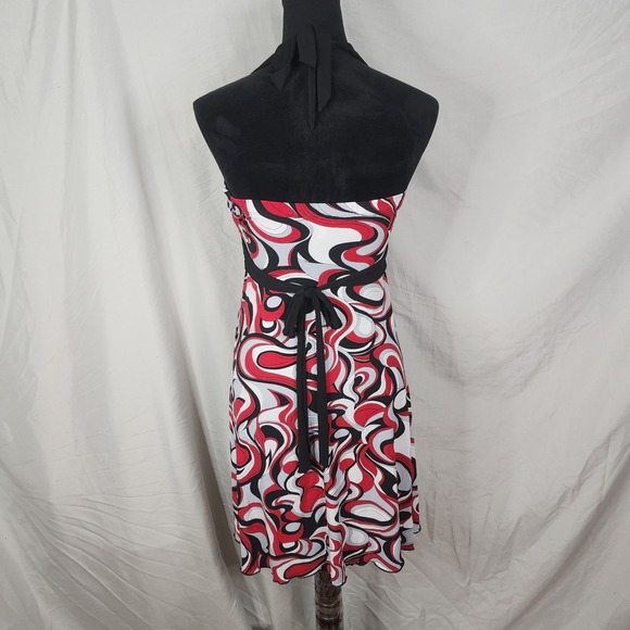 SPEECHLESS Size Large Y2K Red Black & White Abstract Tie Back Halter Sundress - Picture 4 of 11